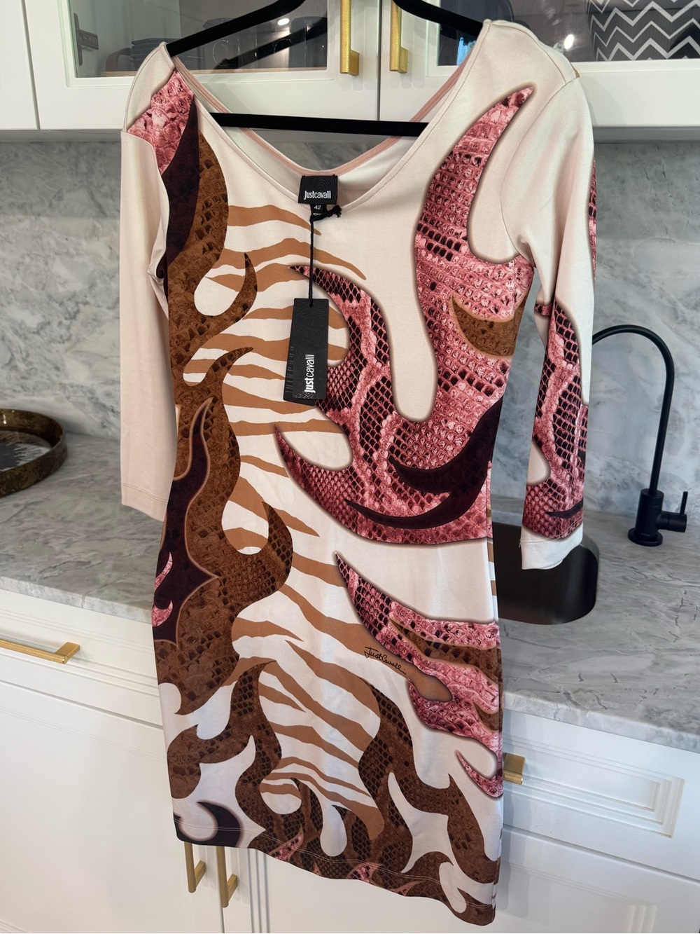 NWT Just Cavalli Cream, Pink & Brown Dress SIZE 6